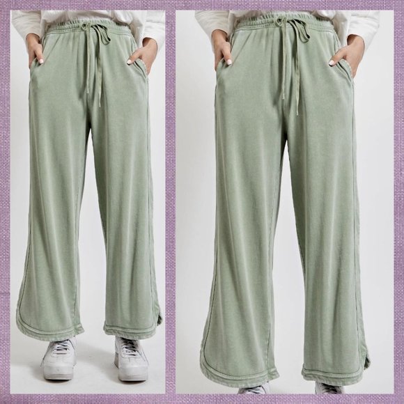 EASEL "So Comfy" Side Seams Scooped Hem Wide Leg Mineral Washed Pants Drawstring - Picture 7 of 16